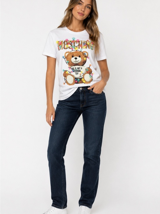 Moschino Tops - Moschino White Teddy Graphic Tee with Multicolor Print